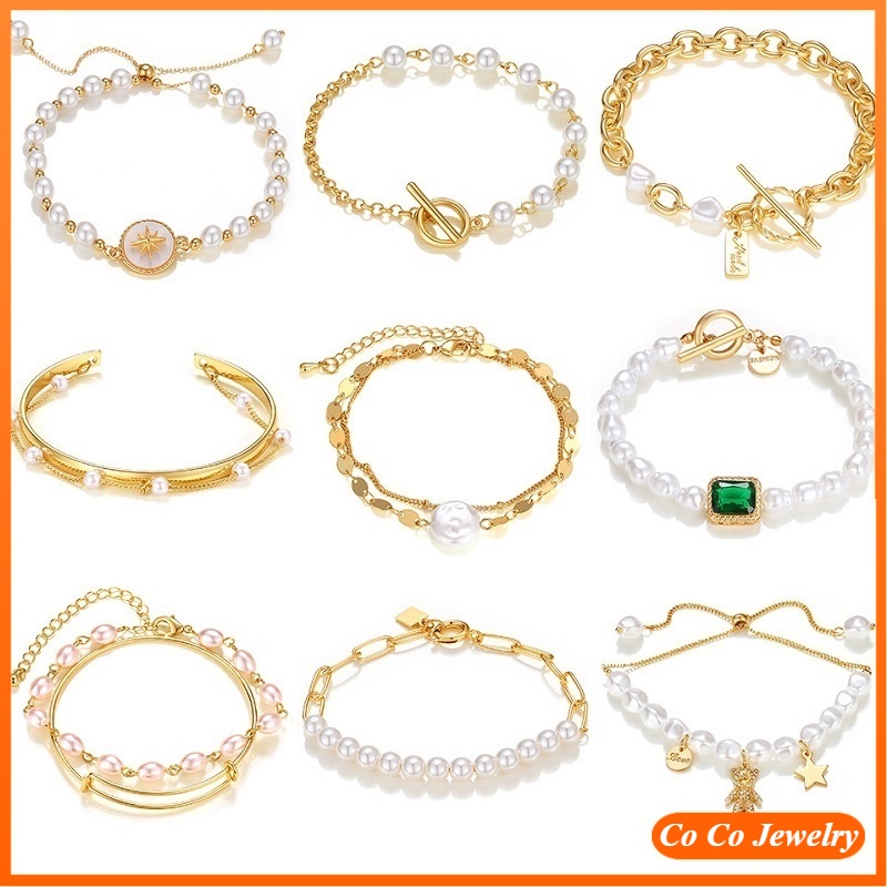 Vòng Tay Mạ Vàng Đính Hạt Giả Ngọc Trai Phong Cách Hiphop