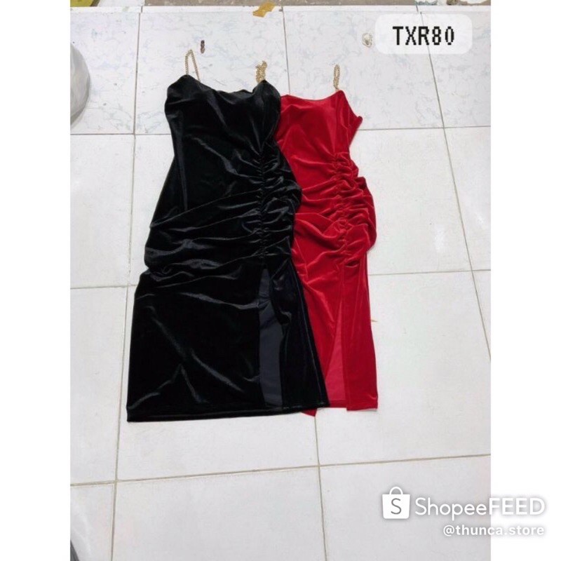 Đầm nhung 2 dây xích xẻ tà nhúng, đầm xẻ tà | BigBuy360 - bigbuy360.vn