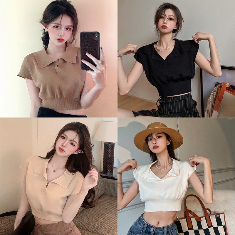 Áo Croptop Dệt Kim Tay Ngắn Màu Sắc Trơn Phong Cách Hàn Quốc Cho Nữ