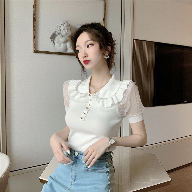Áo thun ZHELIHANGFEI tay ngắn phồng cổ búp bê phối lưới thời trang mùa hè 2022 xinh xắn cho nữ