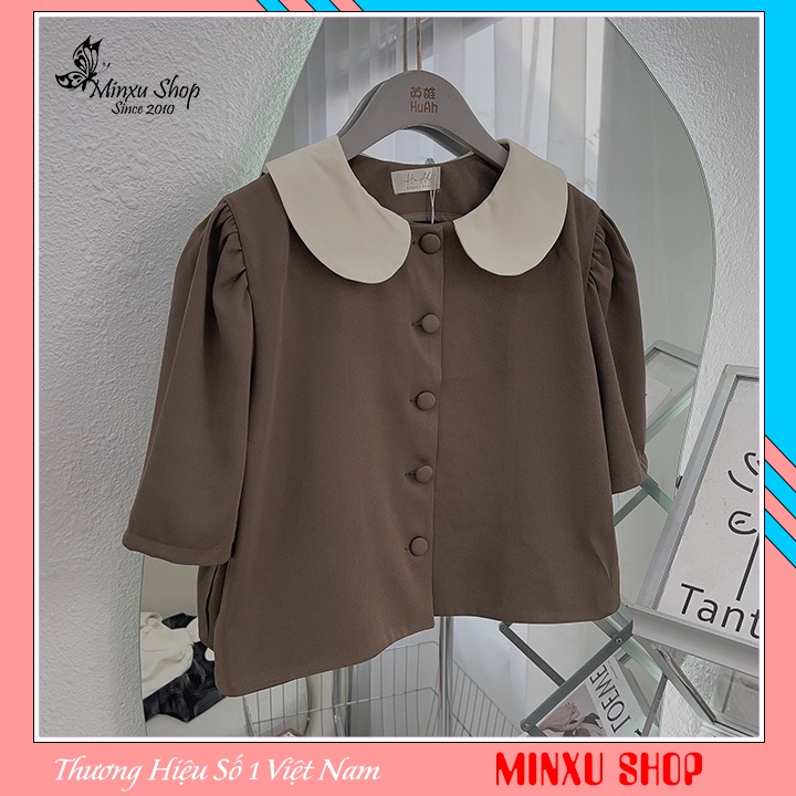 Áo sơ mi cổ sen tay bồng cúc bọc, áo kiểu hàng cao cấp sang chảnh tiểu thư Minxu shop OC08