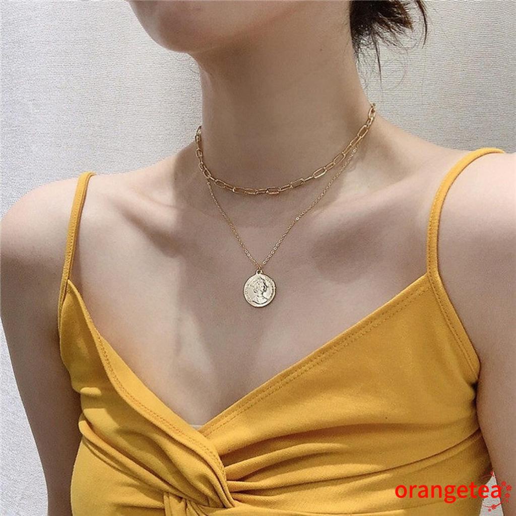 Ort- Vòng cổ Nữ Hai Lớp Mặt Hình Tròn Họa Tiết Chân Dung Tinh Tế Dành Cho Nữ