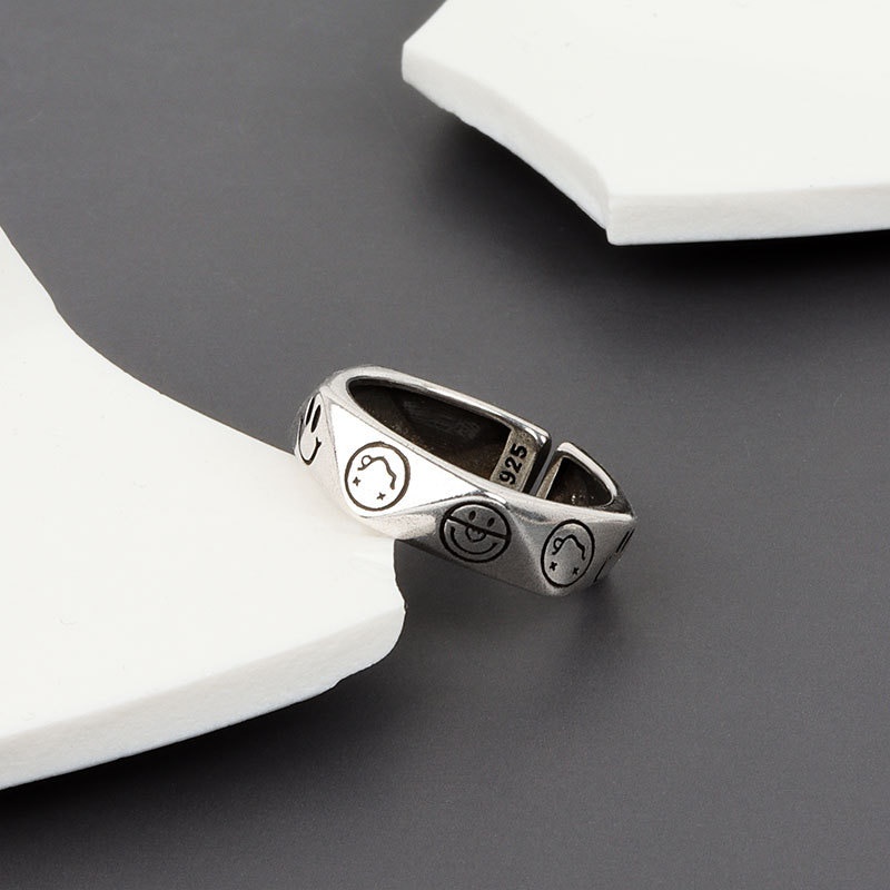 Nhẫn Bạc Thái Mặt Cười Hình Học Màu Sắc Cá Tính Phong Cách Punk Dành Cho Nữ