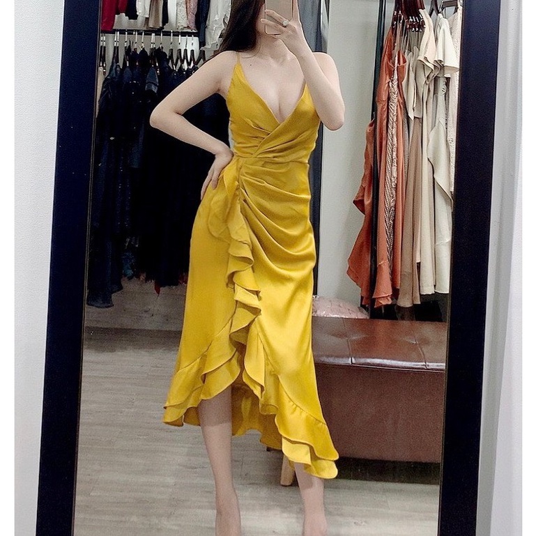 Váy đầm lụa bèo lệch màu vàng 1236 ec - mh ảnh thật váy dự tiệc váy đi làm đầm thiết kế đầm công sở