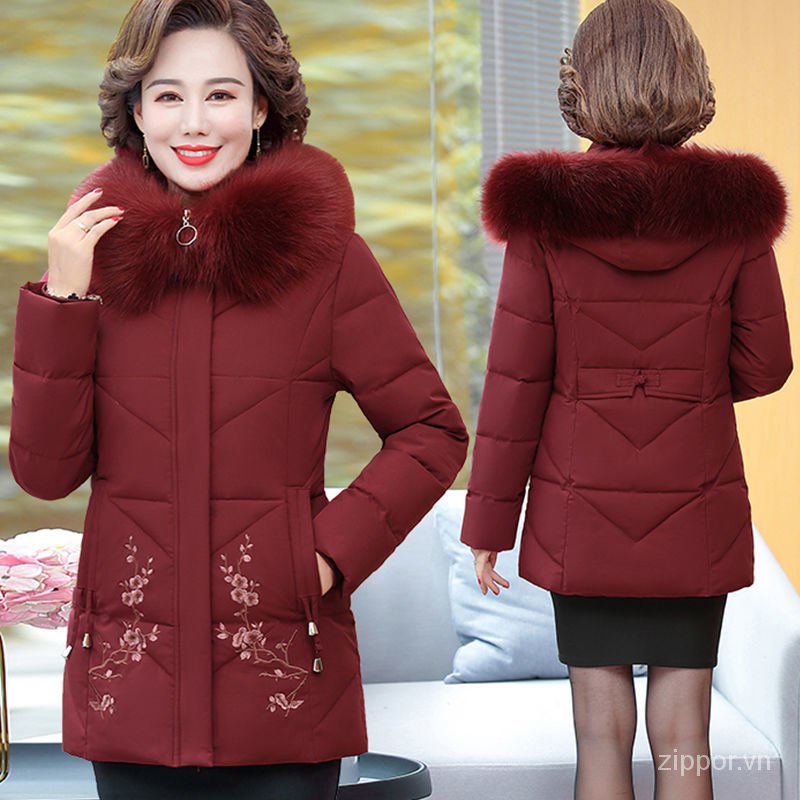 Áo khoác phao cotton dày dặn dáng rộng thêu họa tiết thời trang cho nữ trung niên và lớn tuổi