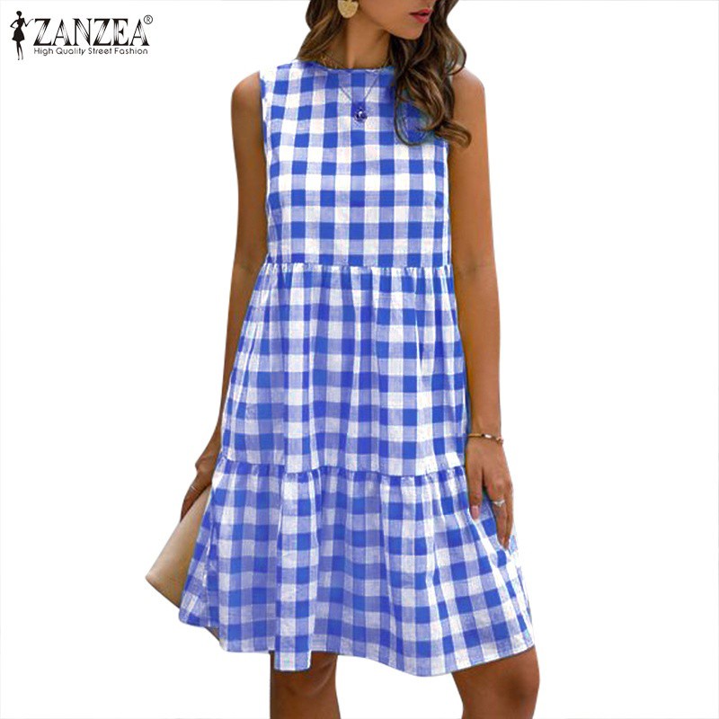 Đầm ZANZEA không tay cổ tròn họa tiết caro nhún bèo dáng rộng dành cho nữ