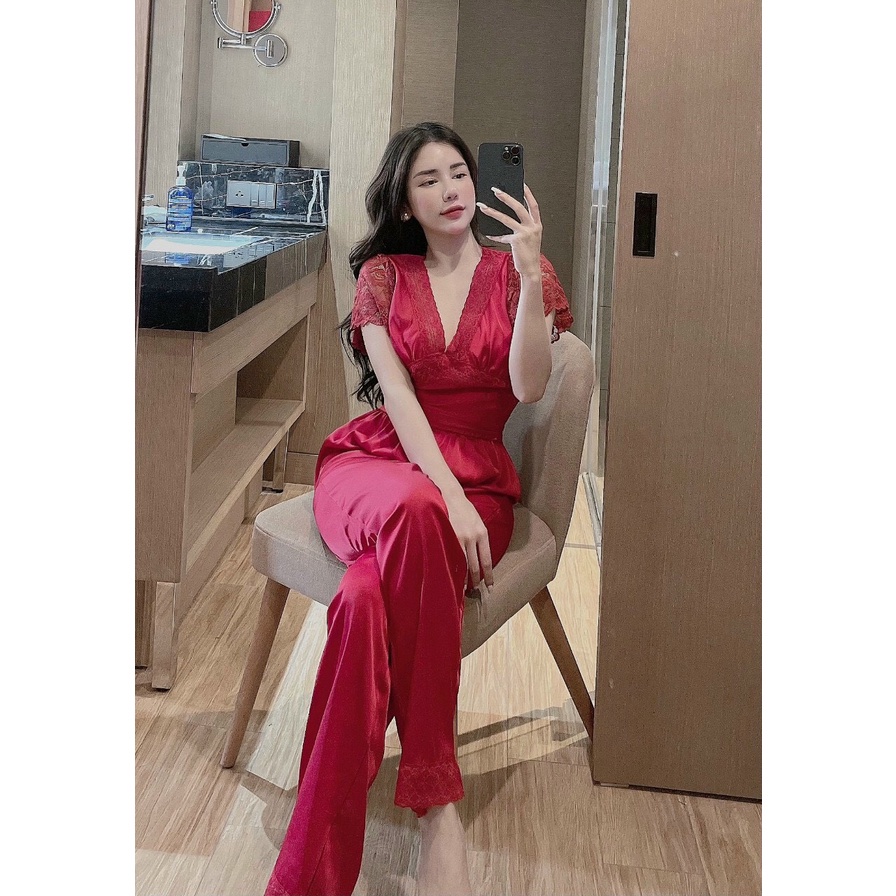 Đồ Bộ Mặc Nhà, Đồ Ngủ, Pyjama Cổ V Phối Ren Chất Lụa Dạo Phố Cực Xinh Freesize