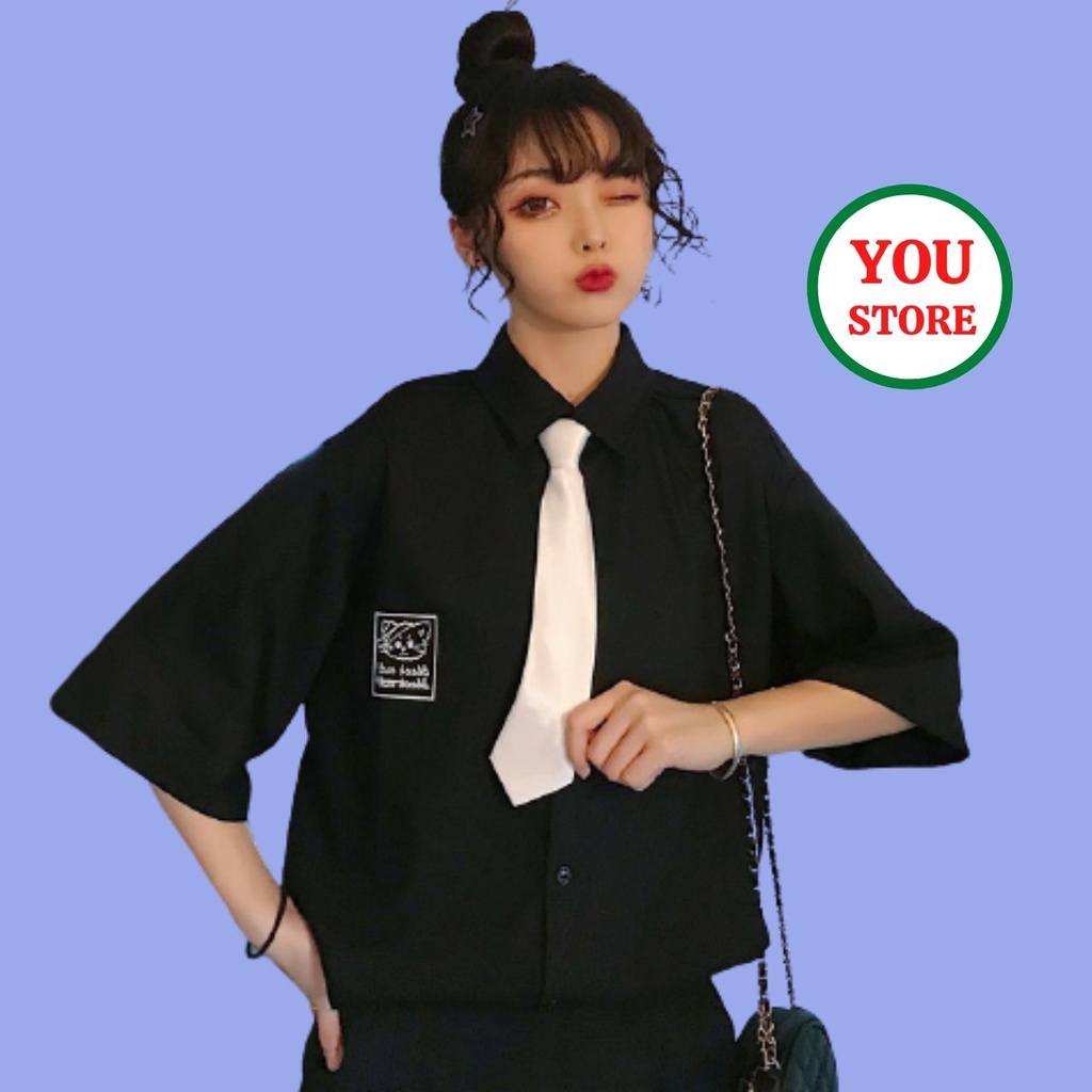 Áo Sơ Mi Nữ In Hình Mèo Kèm Cà Vạt Chất Liệu Đũi Lụa Hàng Mặc Cực Chất Mã 157 You Store