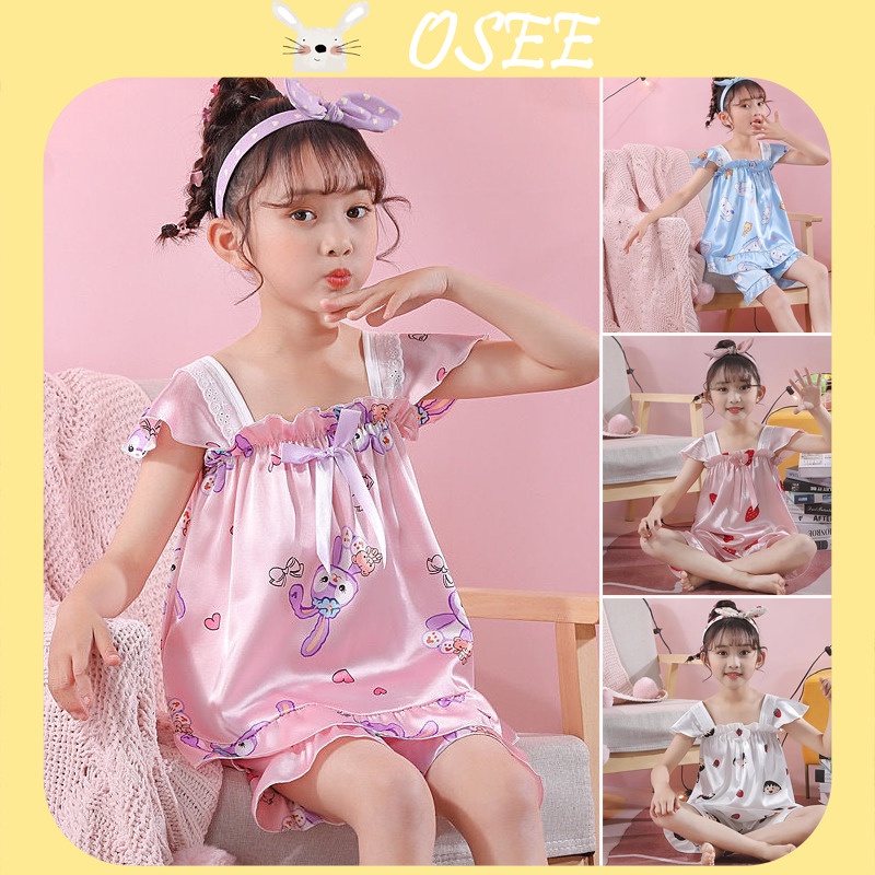 Bộ Đồ Ngủ Lụa satin Mềm Mại Ngắn Tay In Hình Pikachu Dễ Thương Nhẹ Nhàng Có Thể Mặc Ở Nhà Cho Bé Gái 3-14 Tuổi