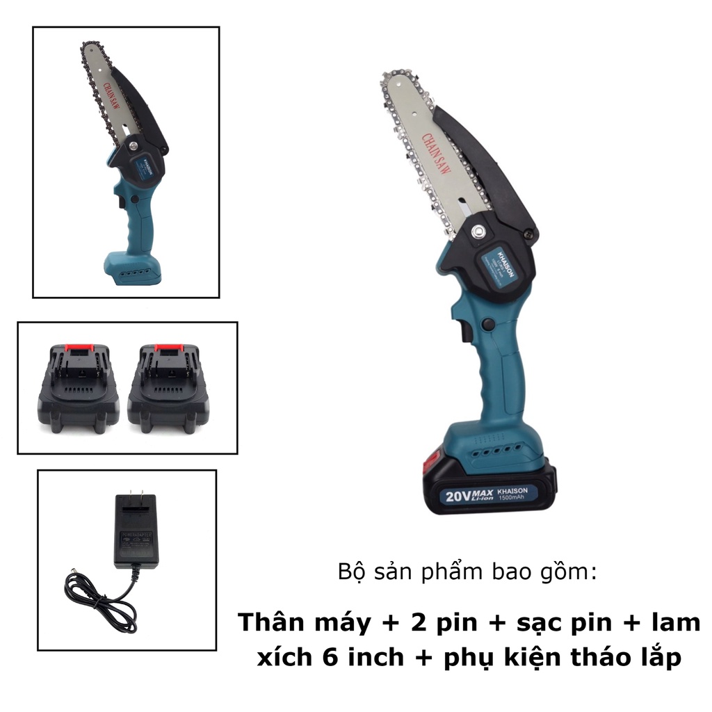 Máy cưa xích cưa gỗ cầm tay 6 inch 20v không chổi than Khaison bộ 2 pin