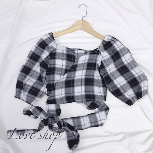 Áo caro đắp chéo cột nơ 2 màu xanh- đen