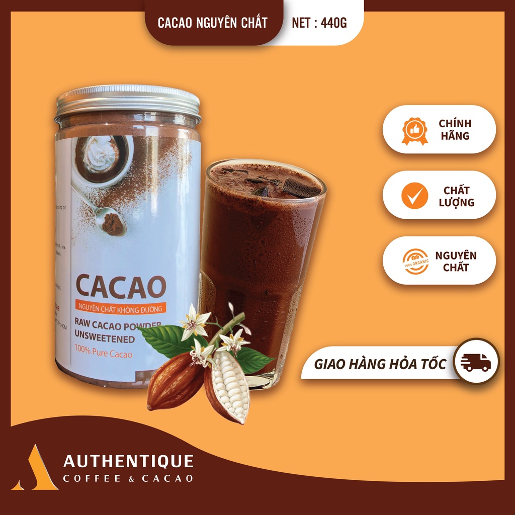 Bột Cacao Nguyên chất Không đường - Hũ 440gr - Hỗ trợ đẹp da, giữ dáng | Authentique Cacao
