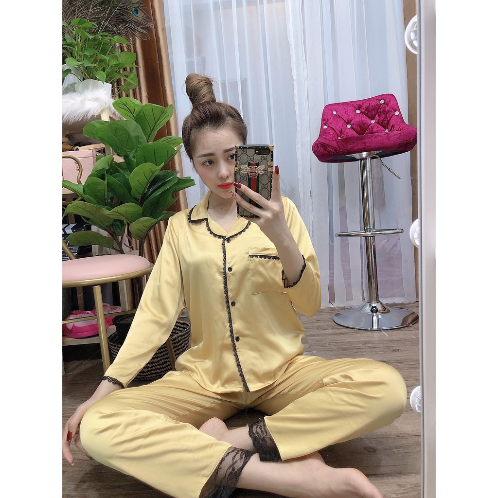 Bộ đồ ngủ, đồ bộ Pijama lụa nữ mặc nhà bộ ngủ lụa satin tay dài quần dài phối ren viền