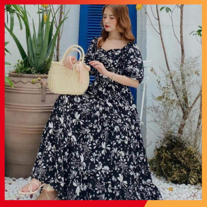 Váy maxi hoa⚡𝗙𝗥𝗘𝗘 𝗦𝗛𝗜𝗣⚡ Đầm maxi dáng xoè xếp ly ngực, tay lồng đèn, eo co dãn tốt, hàng QC cao cấp