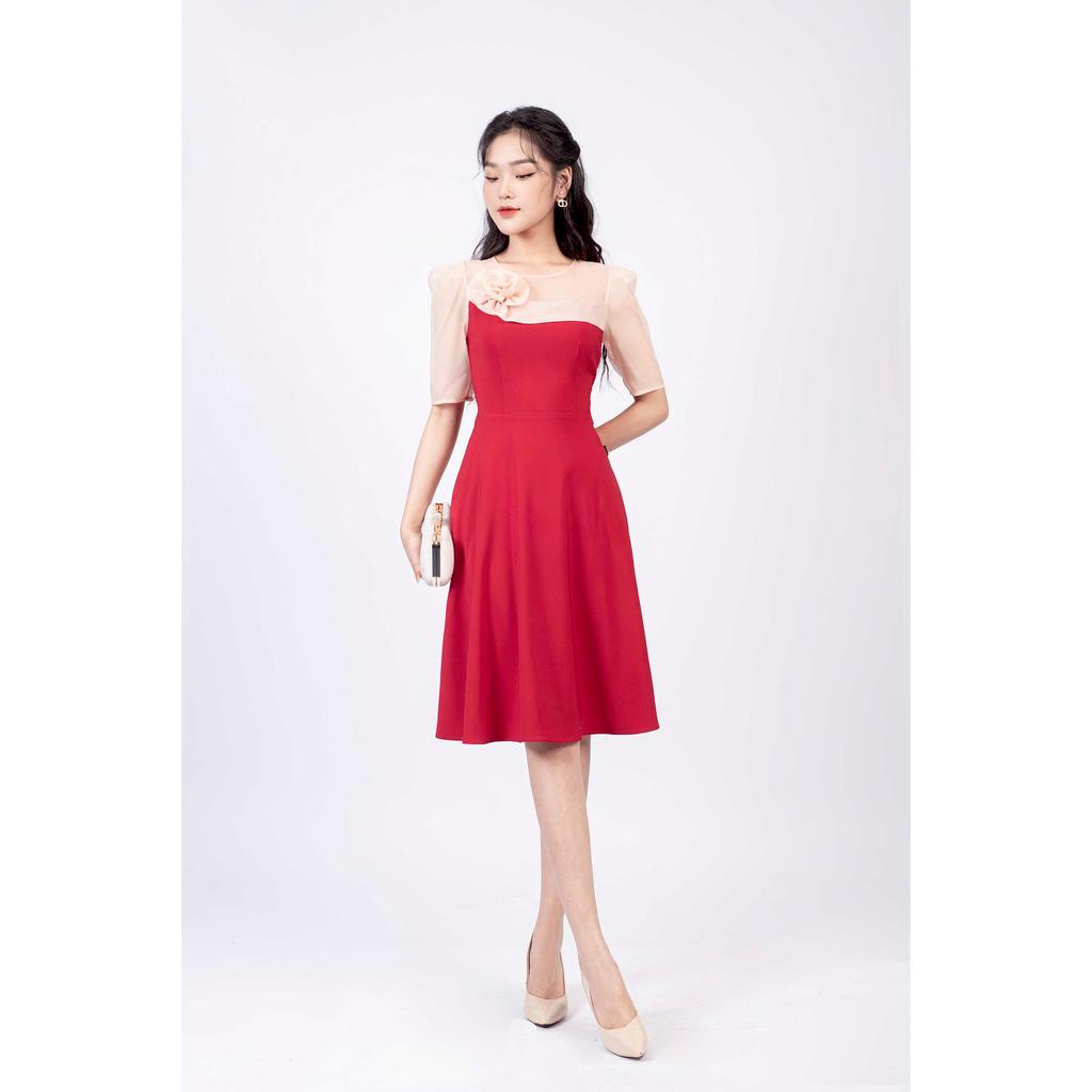 Đầm xòe, cổ tròn đính hoa, ngực phối ren bóng MMOutfit M-DA060521244