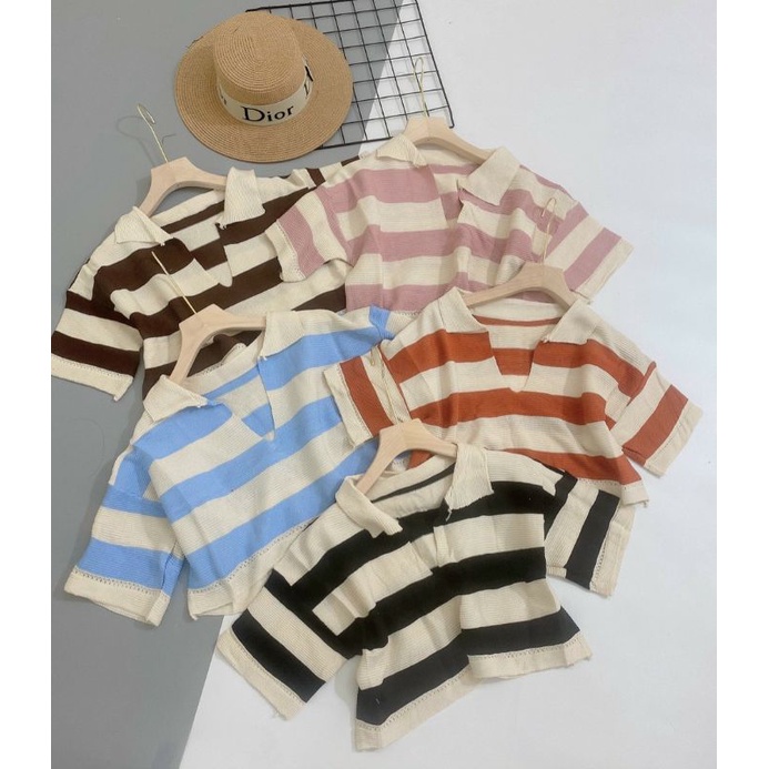 Áo montoghi kẻ cổ bẻ khoét Quảng Châu dáng croptop tăm sọc mới