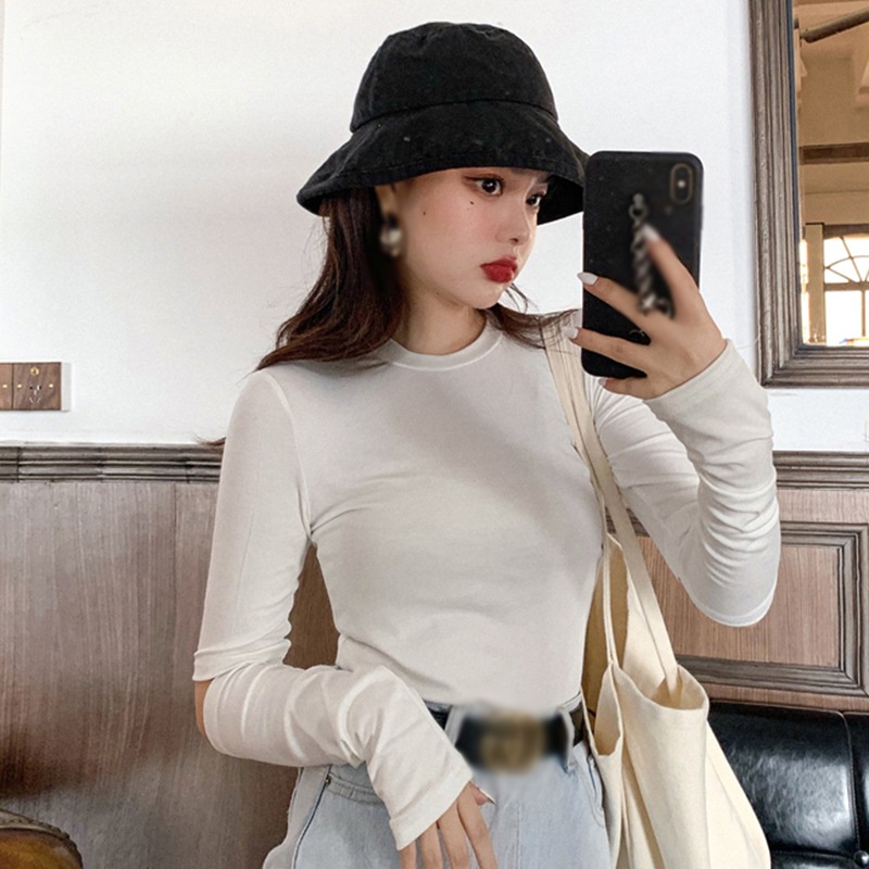 Áo thun tay dài cổ tròn màu trơn thời trang cho nữ