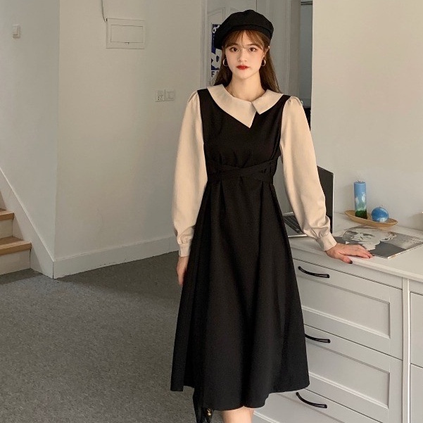 Váy vitage sơ mi dài tay mùa thu phối 2 màu tiểu thư kiểu Pháp con đỏng đảnh VD017 ảnh thật