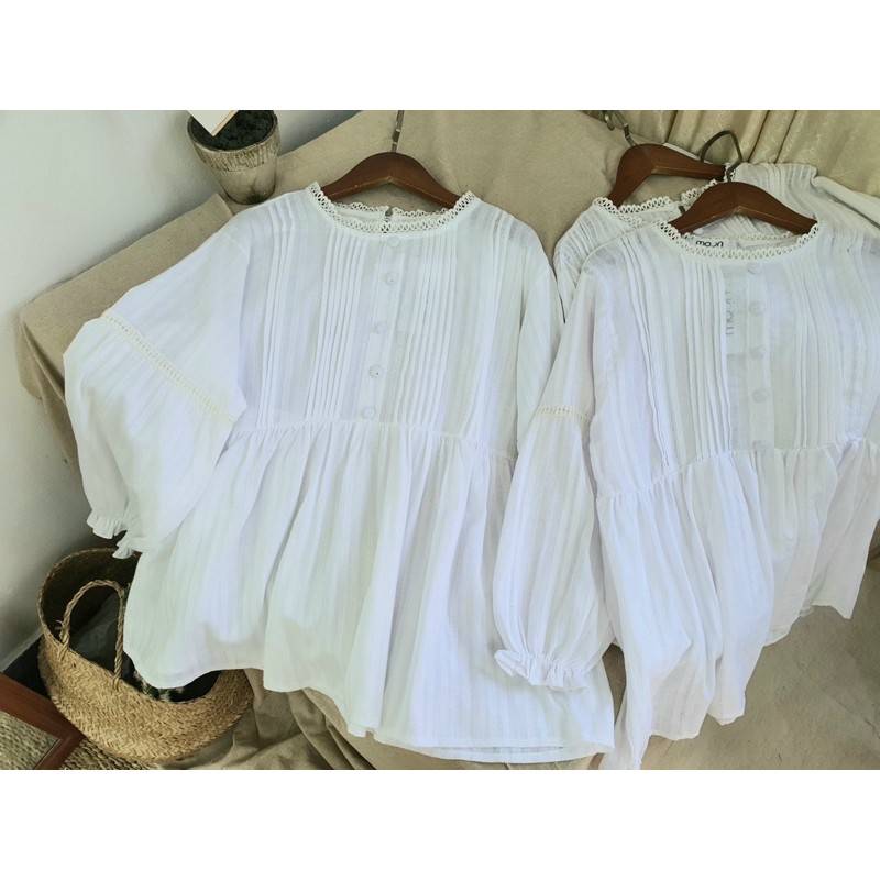 Áo babydoll nữ, áo sơi mi bèo trắng cúc bọc