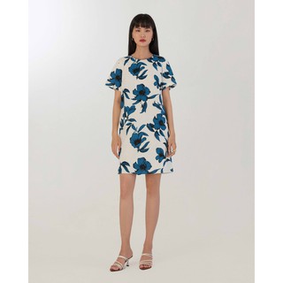 Đầm linen nền trắng họa tiết hoa xanh cổ vịt Mauve Open Back dress