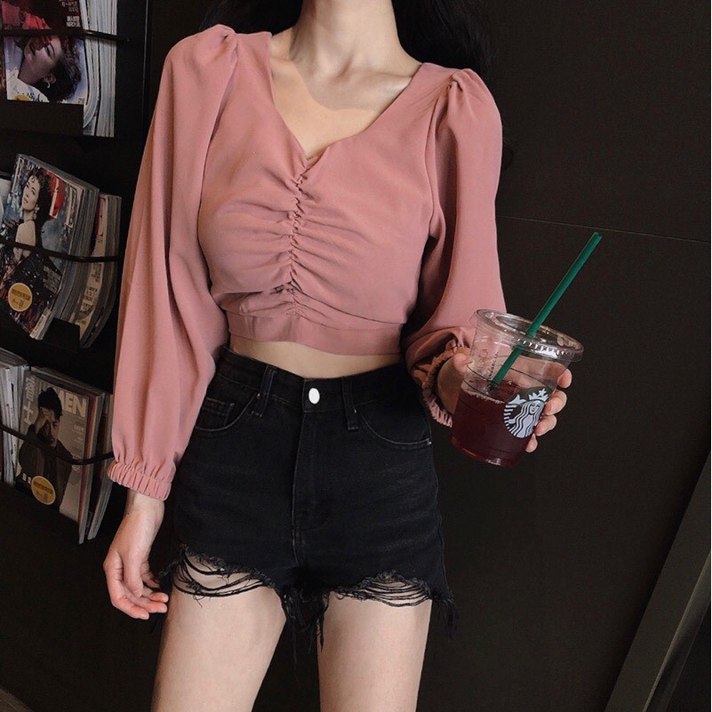 Áo Voan Cổ V Tay Dài Form Croptop Tạo Kiểu Nhún Giữa Ngực gợi cảm TTSL0218