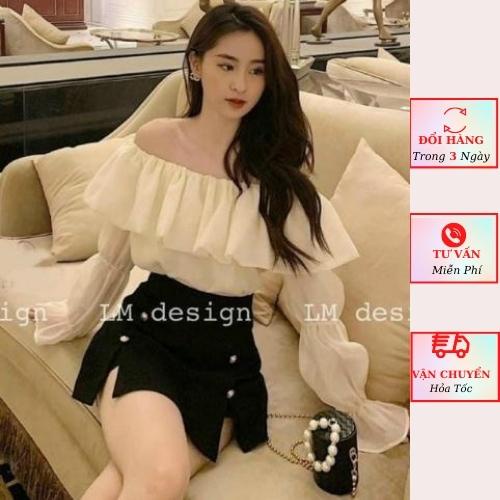 Áo trễ vai nữ voan tơ tay bồng tiểu thư bánh bèo màu trắng be 2 lớp ulzzang Hàn Quốc