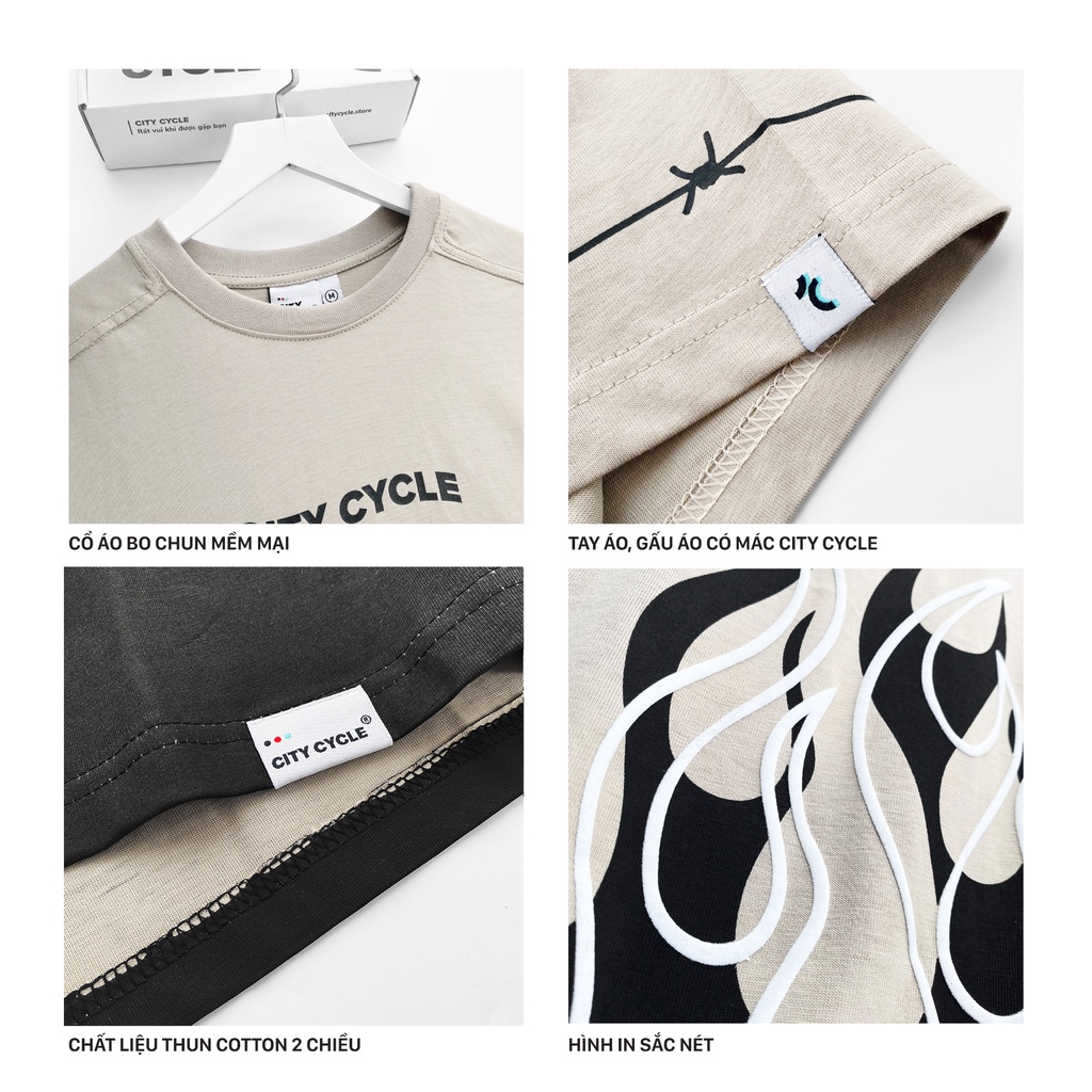 Áo thun local brand Black Fires City Cycle in lửa oversize nam nữ form rộng