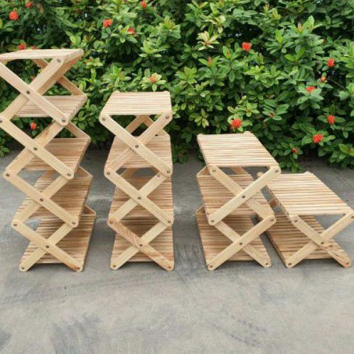 Kệ  Chữ X Đa Năng, Trồng Cây Trang Trí, Để Dép 3 Tầng Bằng Gỗ Cao Su Cao Cấp