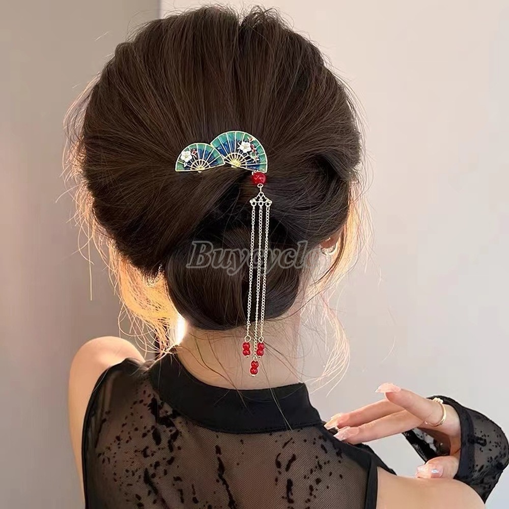 Trâm Cài Tóc Hình Quạt Phối Tua Rua Kiểu Retro Mới Cho Nữ