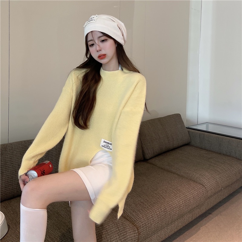 Áo sweater ZHELIHANGFEI tay dài dáng rộng xẻ tà phong cách sang trọng