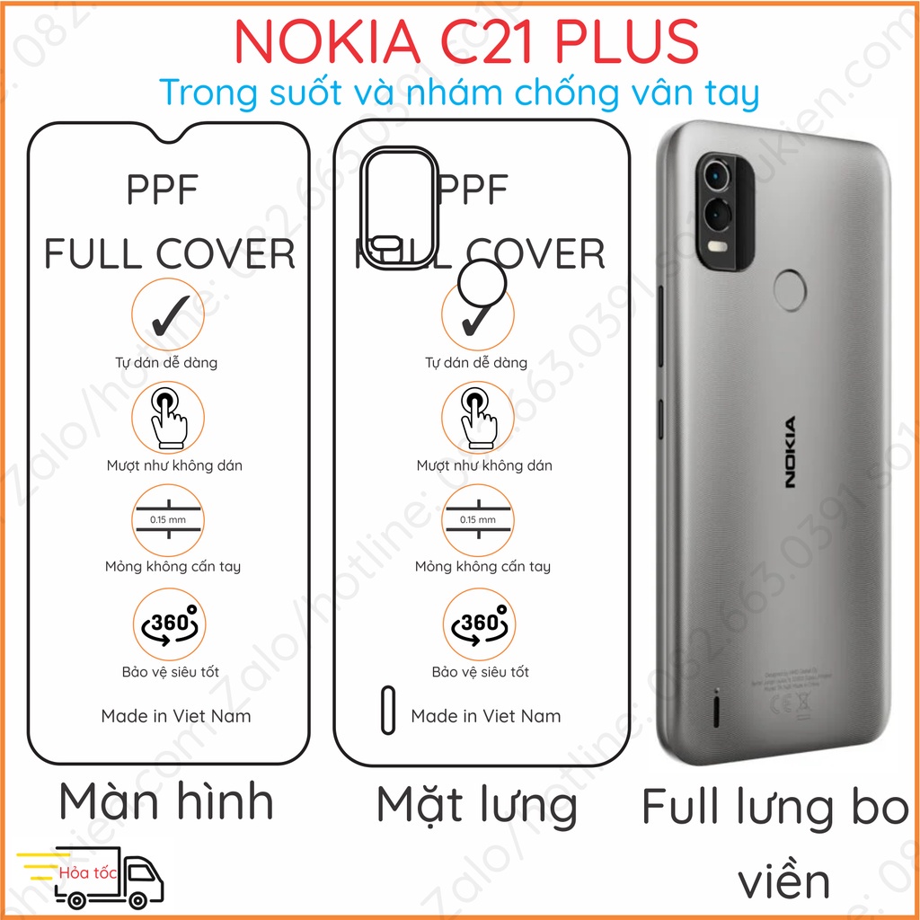Dán PPF Nokia C21+ ( C21 plus) loại trong, nhám dành cho màn hình, mặt lưng, lưng bo viền