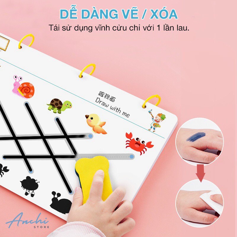 [Kèm 6 bút lông] Bộ luyện đường nét và tư duy nối điểm 64 trang xoá được cho bé trên 2 tuổi -