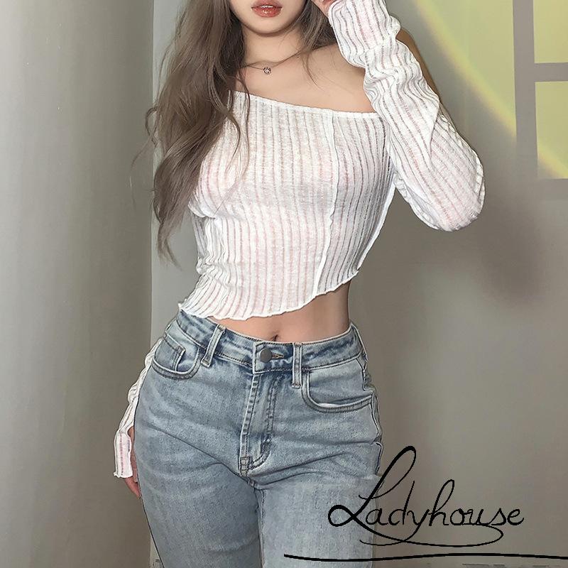 Áo Croptop Tay Dài Màu Trơn Dáng Ôm Thiết Kế Độc Đáo Thời Trang Quyến Rũ Cho Nữ