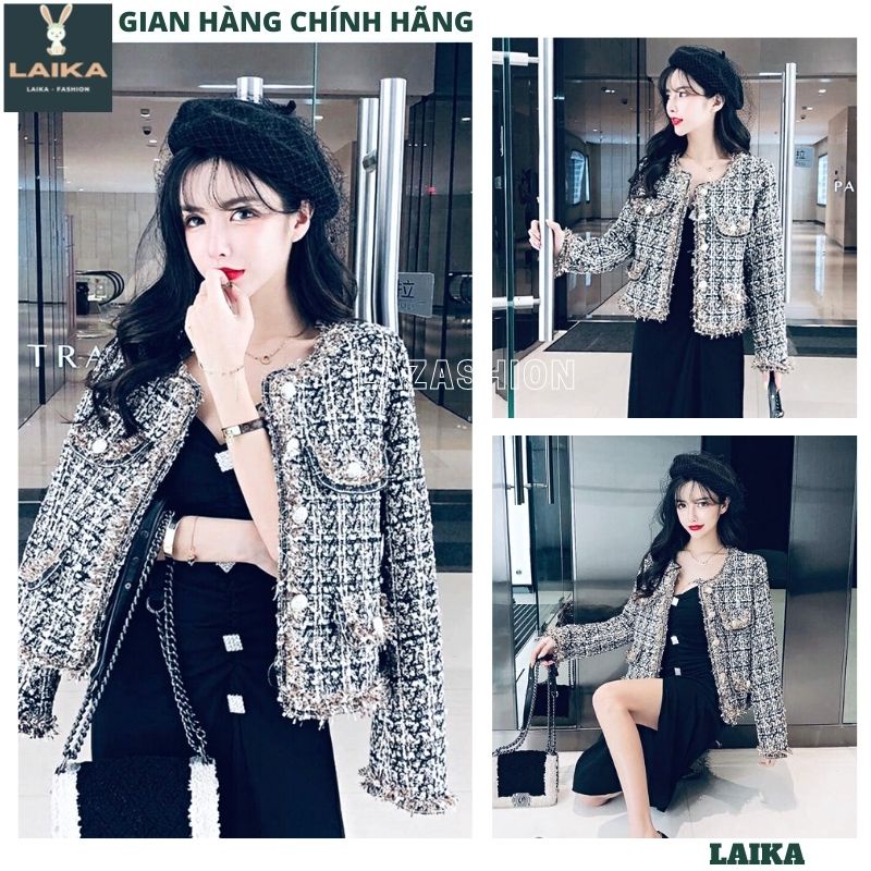 Áo dạ 2 LỚP Tweed Forgirl kẻ caro 4 túi dáng ngắn tiểu thư áo cardigan kiểu dáng hàn quốc ulzzang sang chảnh -LAIKA