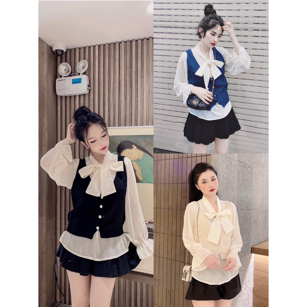 Set gile len sơ mi voan buộc nơ