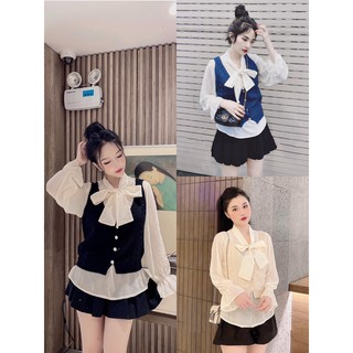 Set gile len sơ mi voan buộc nơ