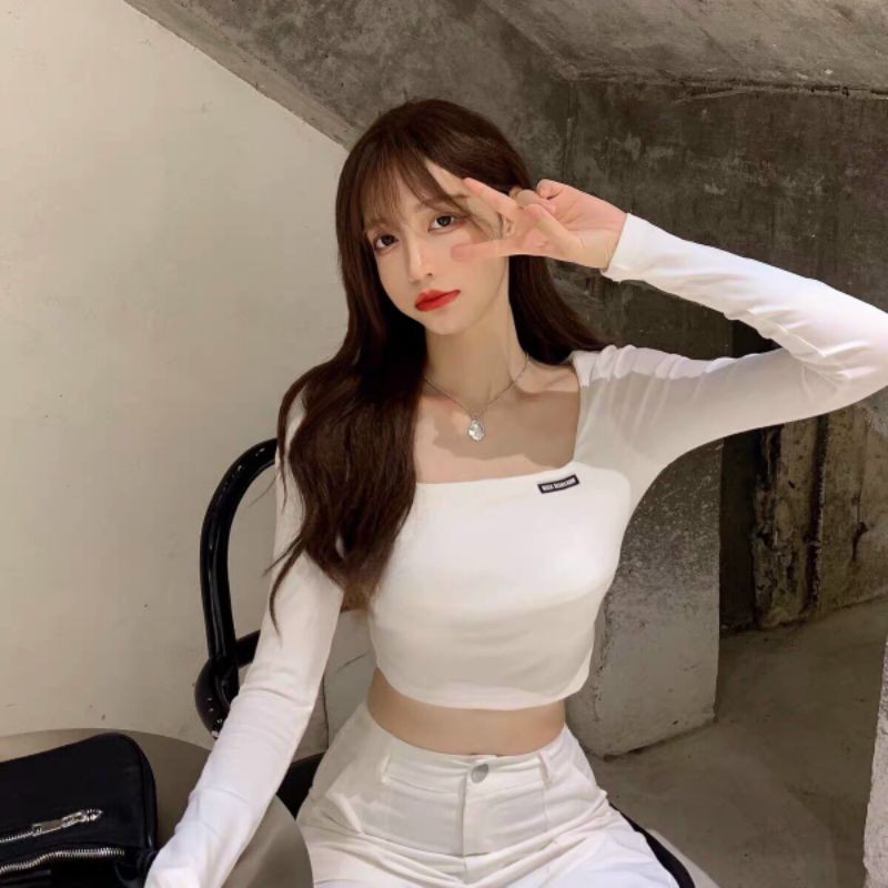 Áo croptop cổ U tay dài BACK TO SCHOOL