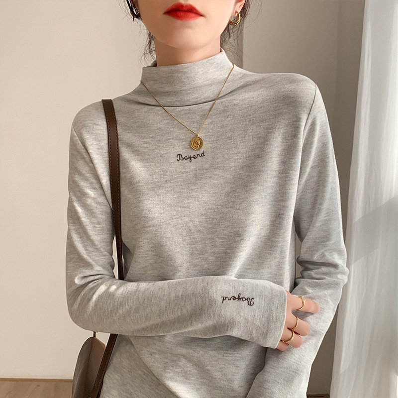 Áo Thun Tay Dài Cổ Cao Ôm Dáng In Chữ Thời Trang Mùa Thu Mới Cho Nữ