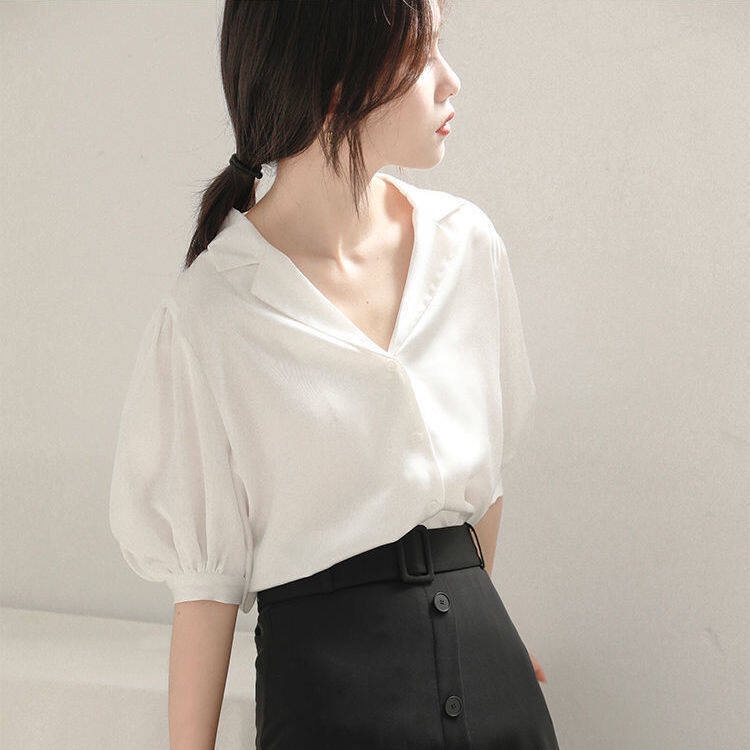 Áo sơ mi IELGY cổ chữ v màu trắng phong cách Pháp cổ điển dành cho nữ