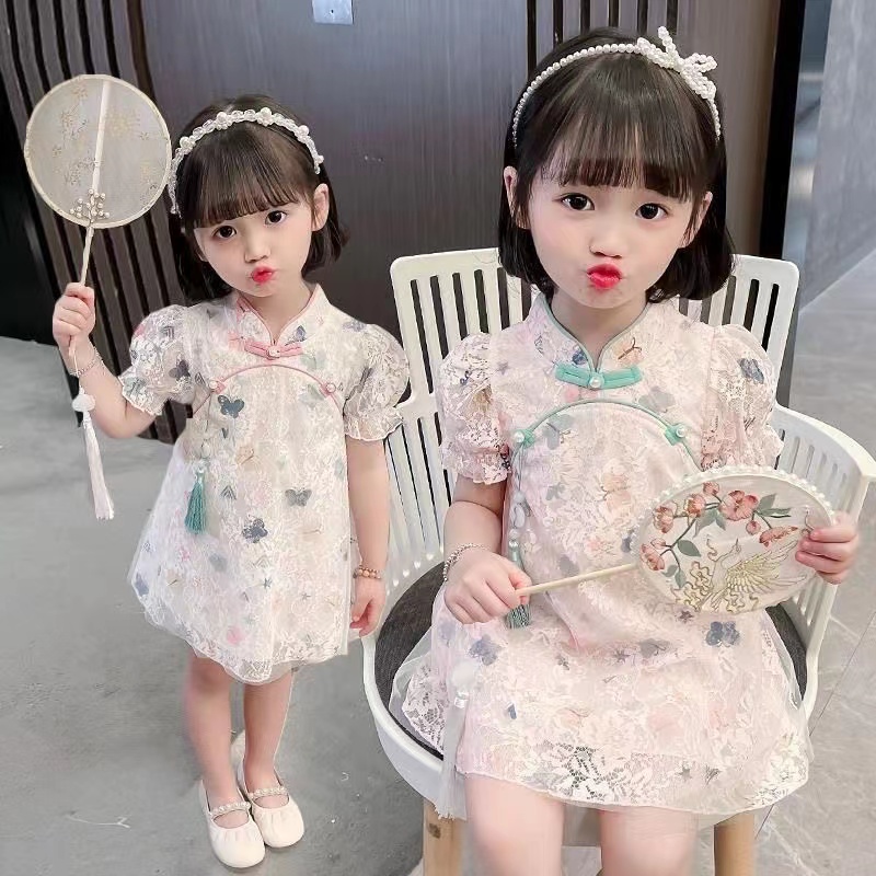 Đầm bé gái,Đầm công chúa phối ren họa tiết bướm phong cách Trung Hoa thời trang mùa hè mới cho bé gái