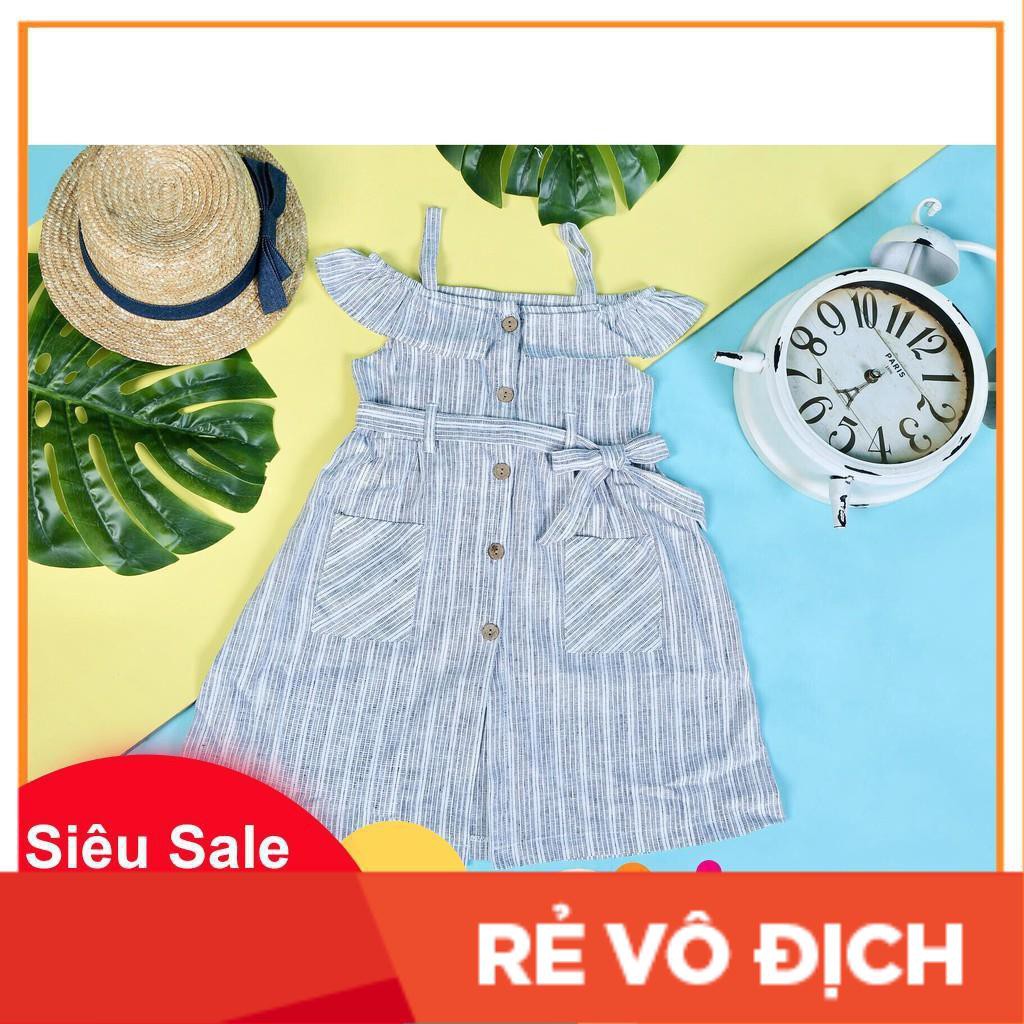 Váy linen hai dây trễ vai, nơ eo bé gái size 2-12, cho bạn từ 12-37kg. Chất linen đanh tay, không nhăn, kiểu dáng đẹp