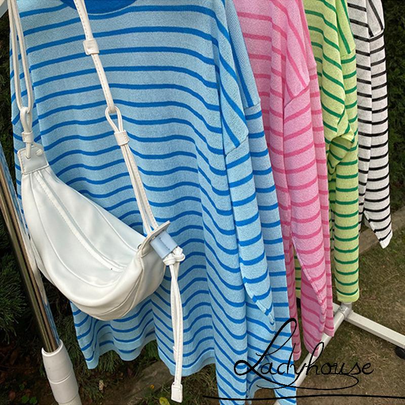 Áo thun tay dài cổ trong dáng rộng họa tiết sọc màu xanh dương/ đen/ hồng/ xanh lá thời trang mùa hè cho nữ