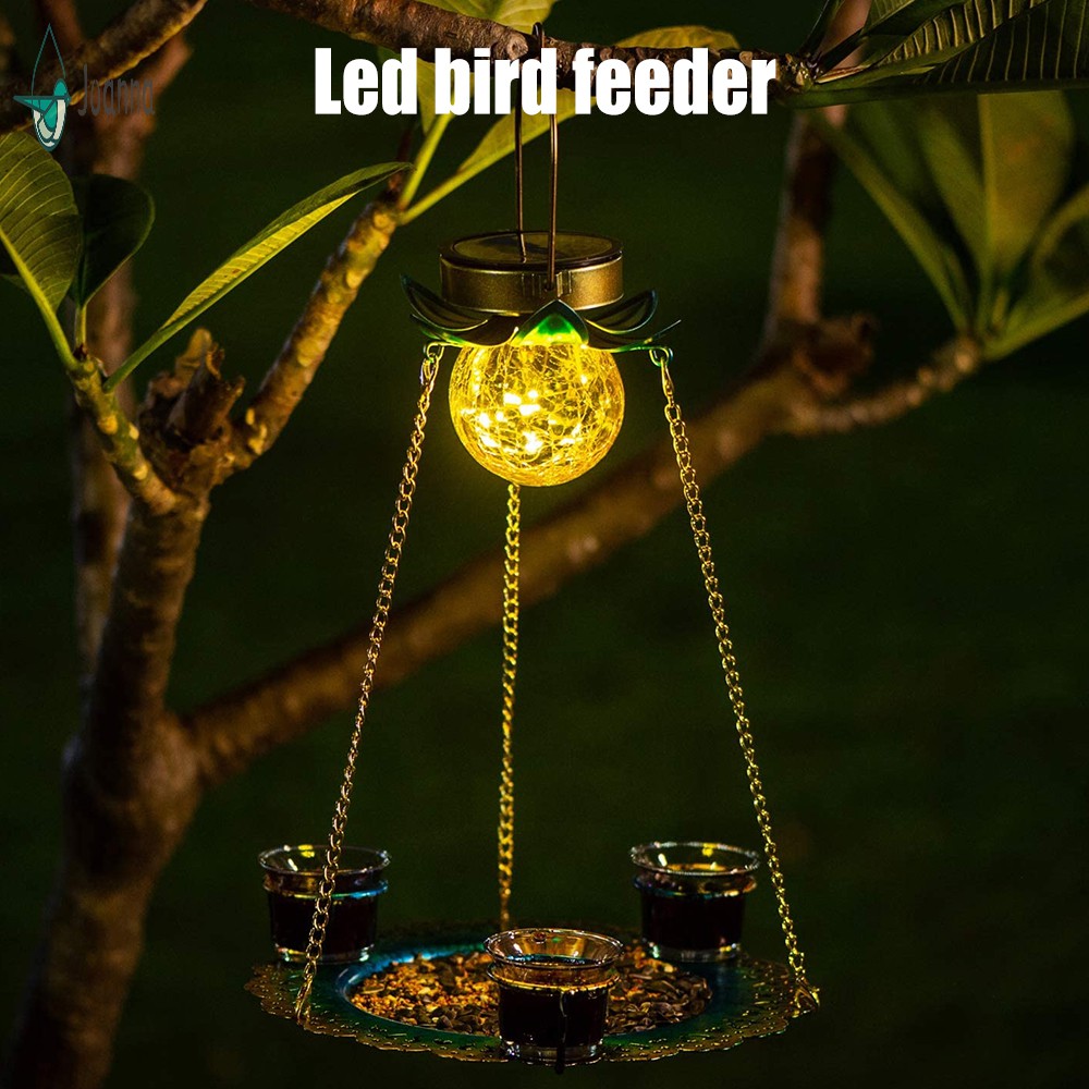 Solar Powered Birds Feeder Outdoor Hanging Waterproof Birds Food Tray Garden Metal Flower Decorative LED Lighting