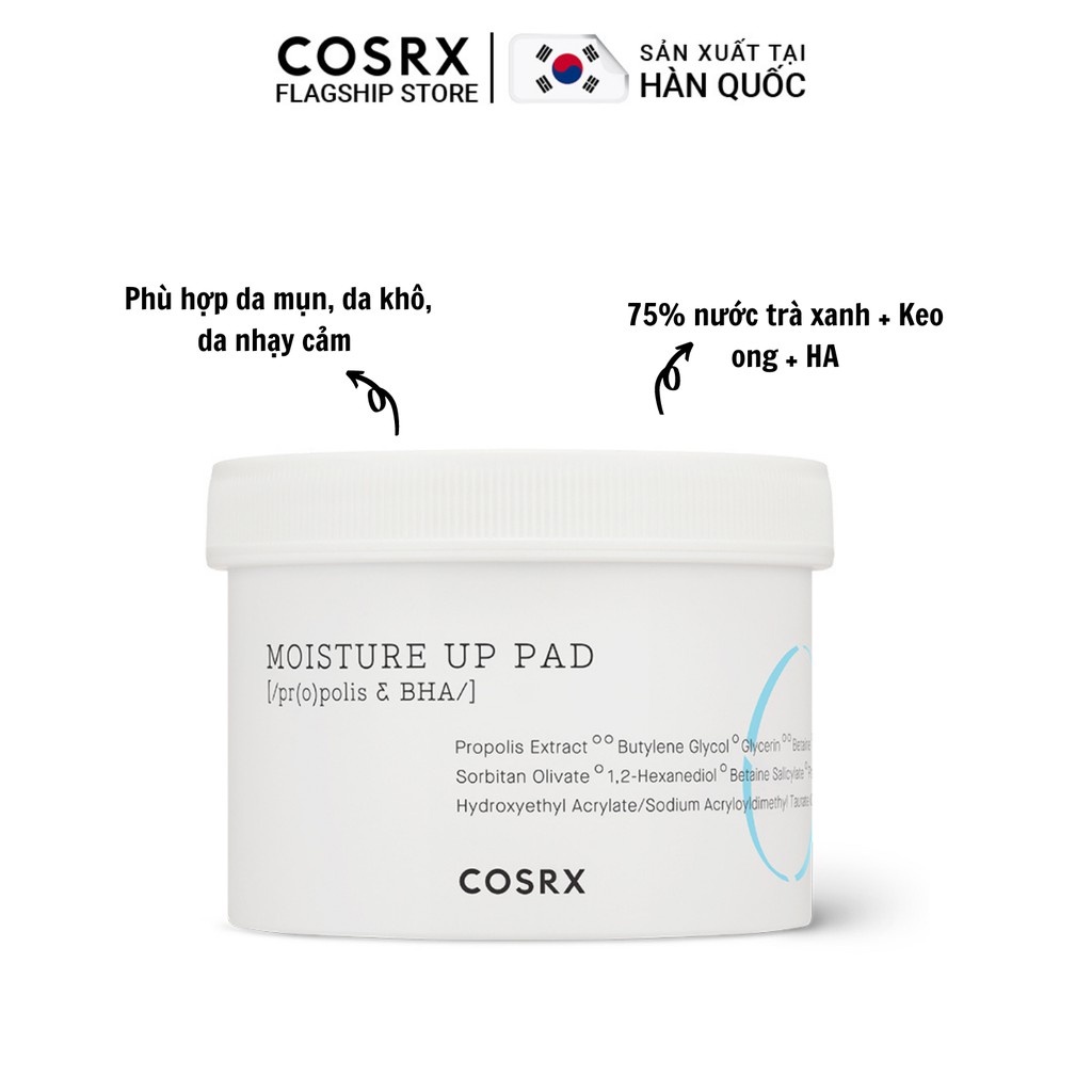 Bông Tẩy Tế Bào Chết Hoá Học Và Dưỡng Ẩm Da (0.5% BHA, Keo Ong, Trà Xanh) COSRX One Step Moisture Up Pad 70 Miếng