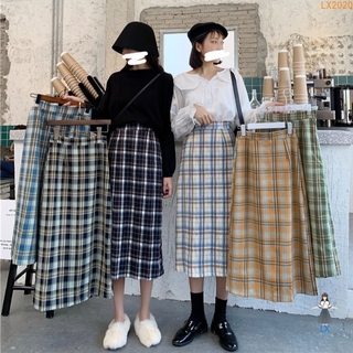 <Ready> Chân váy midi lưng cao hoạ tiết sọc ca-rô