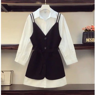 Set Sơ Mi Lụa Trắng Mỏng Kèm Áo Yếm Đen Thắt Eo Siêu Sang Chảnh