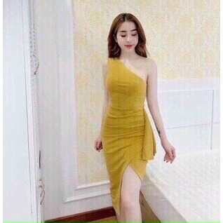 Váy Đầm Dự Tiệc Thiết Kế Lệch Vai Dáng Ôm Body Sexy Chất Liệu Umi Co Dãn Thoải Mái Sẵn 4 Màu Đỏ, Tráng, Vàng Xm Minh Phú