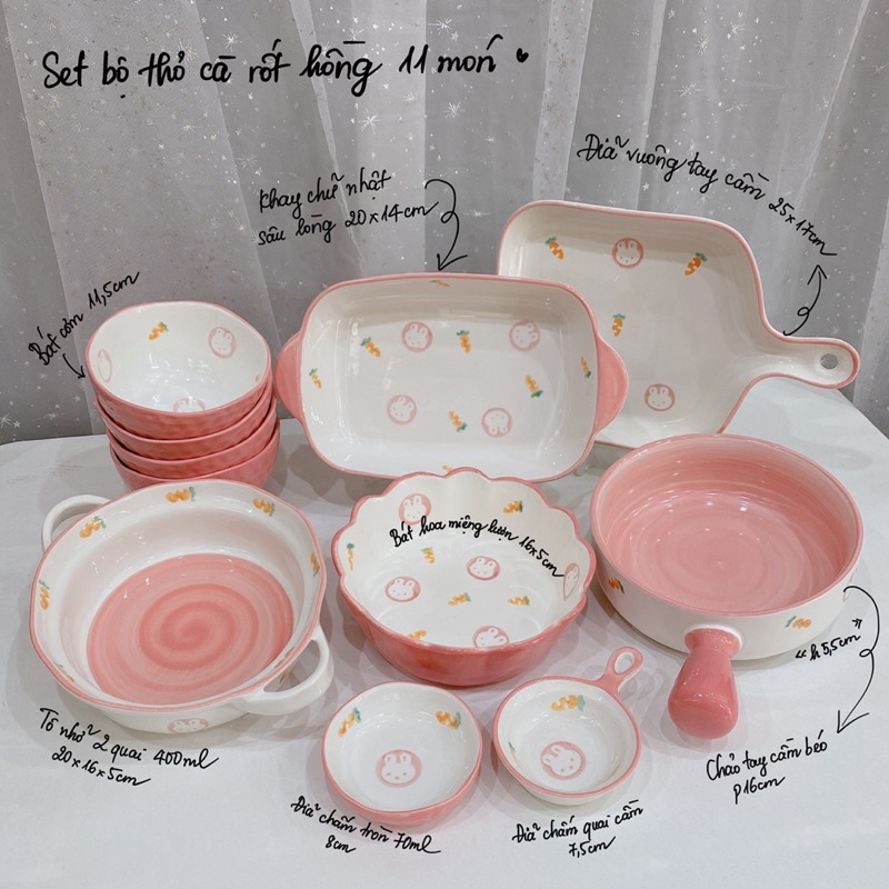 Bộ Bát Đĩa Sứ Thỏ Hồng Cà Rốt Chén Dĩa Dễ Thương Decor Bát Cơm Tô Canh Sứ