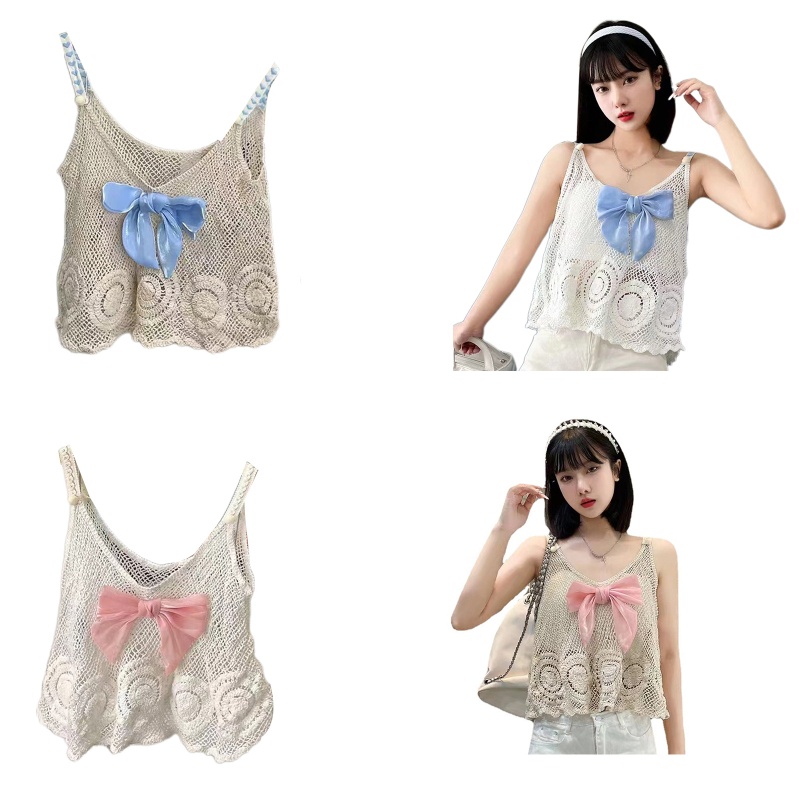 Áo Croptop Dệt Kim Hai Dây Thắt Nơ Dáng Rộng Dễ Thương Cho Bạn Gái