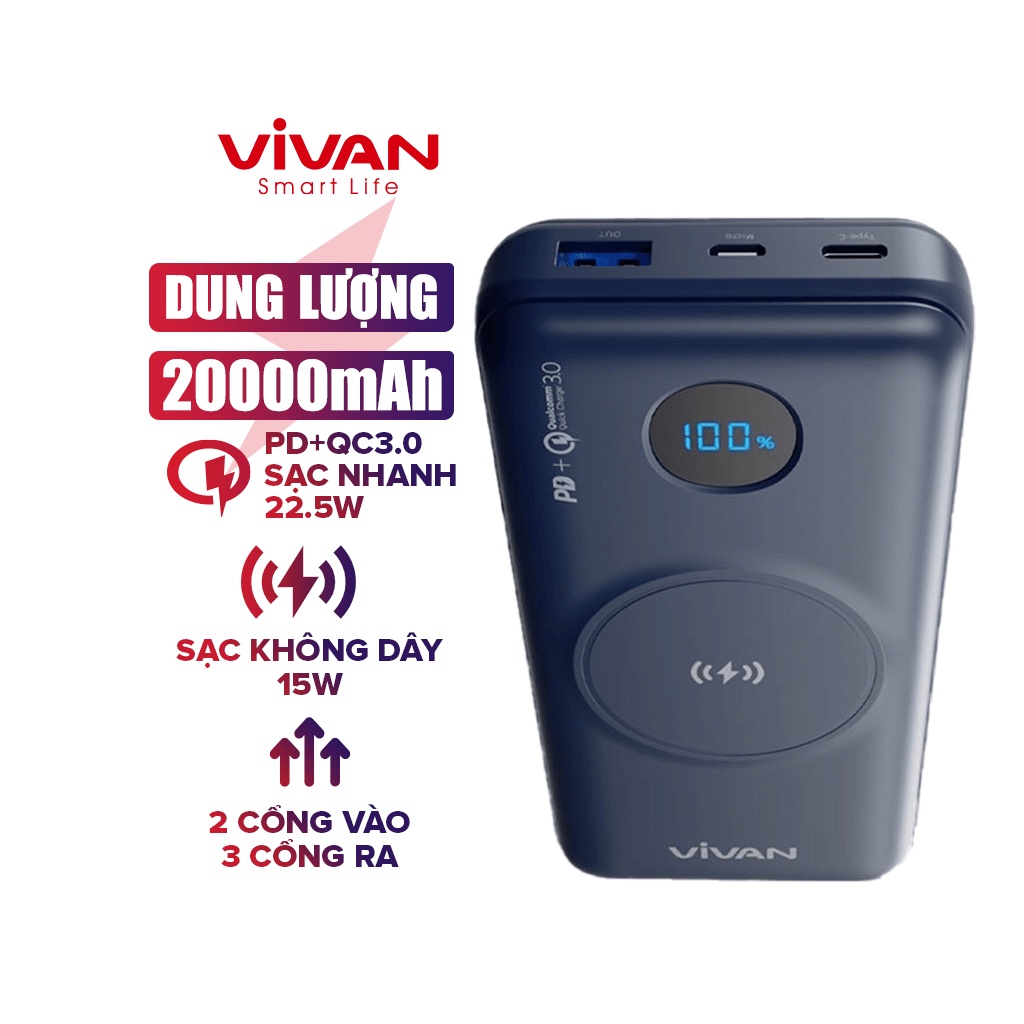 Pin dự phòng VIVAN VPB-W20 blue 20000mAh Hiển thị đèn thông minh không dây 3 cổng  sạc nhanh 15W QC3.0 PD- bảo hà